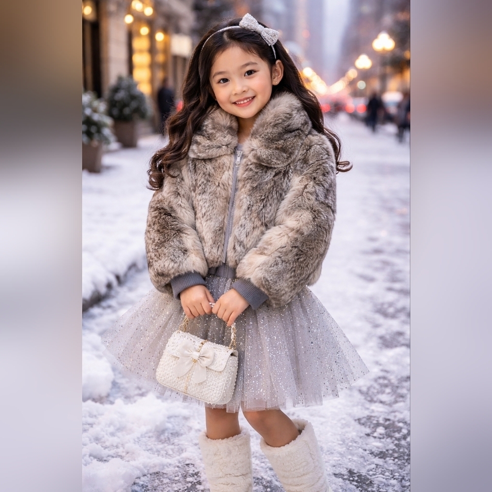Vintage Kids Fur Collar Bomber Jacket Grey Cropped Winter Coat Girls Size 6